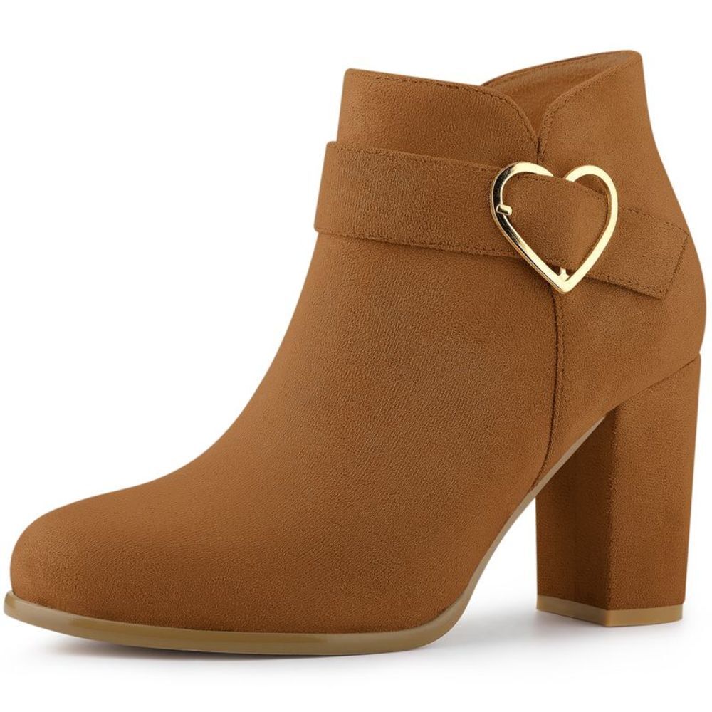 Allegra K Tan Suede Heart Buckle Block Heel Ankle Boots